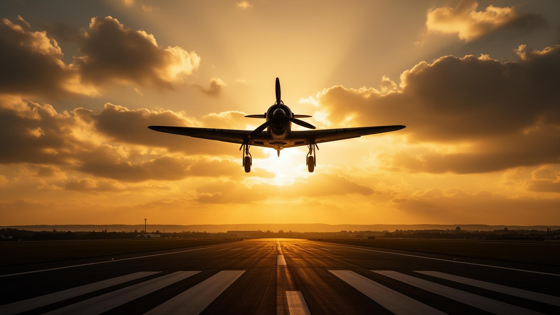 Plane on runway at sunset